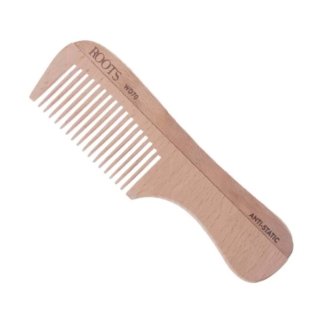 ROOTS - Wooden Comb with Handle | Thin Teeth | Rounded Teeth prevent Hair & Scalp damage | 100% Natural Wood | Anti - Frizz & Shine | For Long, Thick & Dry Hair | Length - 6.1 Inch | Model No - WD70 - Deals999