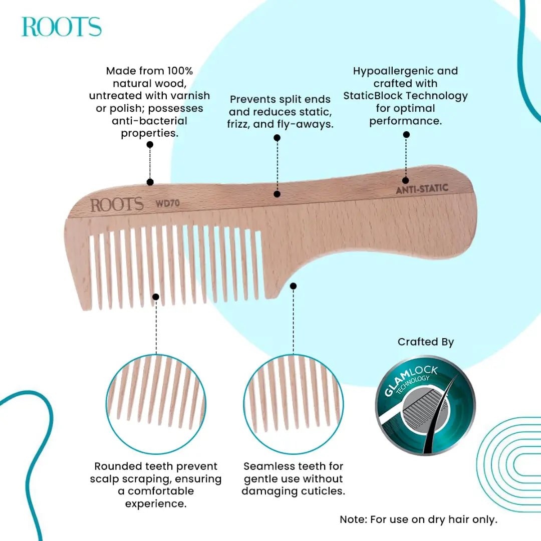 ROOTS - Wooden Comb with Handle | Thin Teeth | Rounded Teeth prevent Hair & Scalp damage | 100% Natural Wood | Anti - Frizz & Shine | For Long, Thick & Dry Hair | Length - 6.1 Inch | Model No - WD70 - Deals999