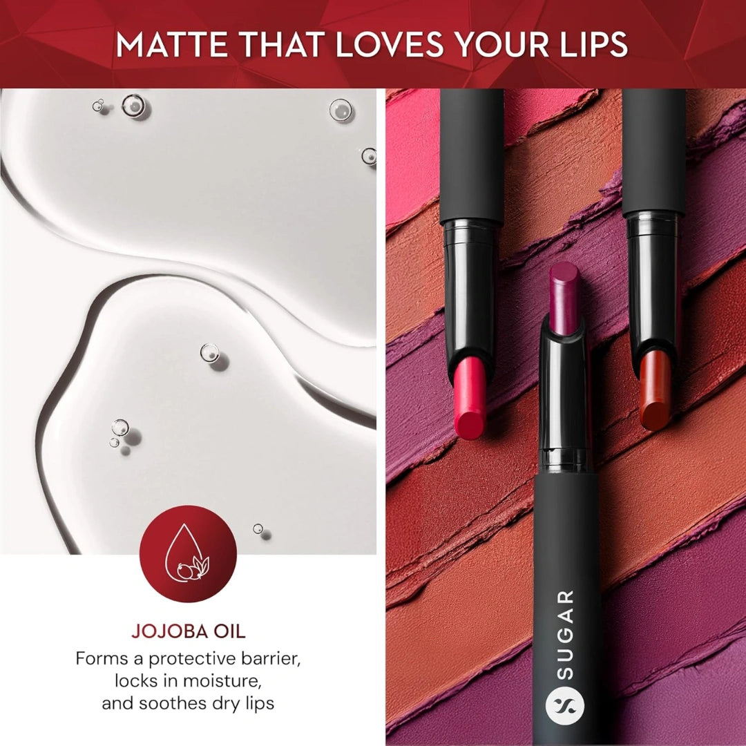 SUGAR Cosmetics Matte Attack Lipstick for Women | Transferproof & Smudgeproof | Lasts upto 12hrs | Enriched With Jojoba Oil | 2gm