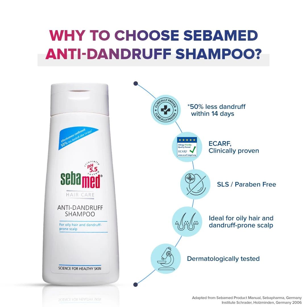 Sebamed Anti Dandruff Shampoo 200 ml | pH 5.5 | Reduces dandruff, scalp itching and irritation | Piroctone Olamine | Phthalates, SLS, Toxin and Parabens free | 50% dandruff reduction in 2 weeks - Deals999