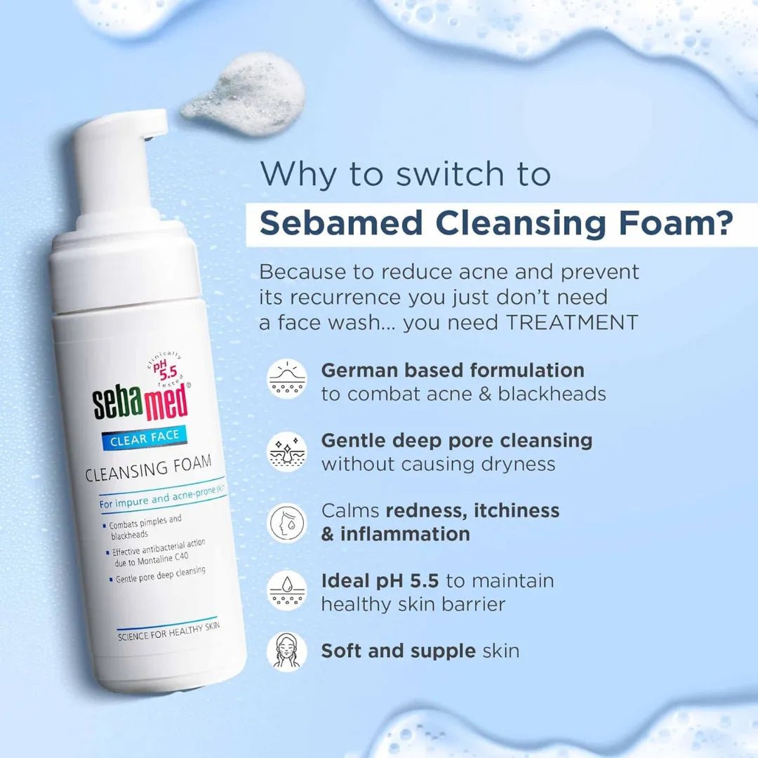 Sebamed Clear Face Cleansing Foam| pH 5.5 | Combats pimples with Montaline C40 | Deep pore cleansing | Dermatologically & clinically tested | 150ml - Deals999