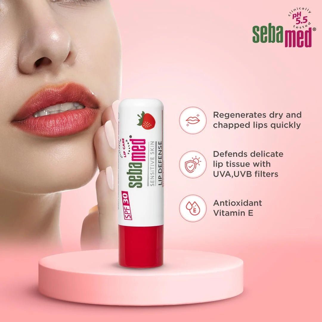 SebaMed Lip Defense Lip Balm With Spf 30 + Vit E | Regenerates Dry, Chapped Lips | Intensive Care With Vit E, Jojoba Oil & Chamomile | Clinically Tested | For Men & Women, 4.8 Gm, Strawberry - Deals999