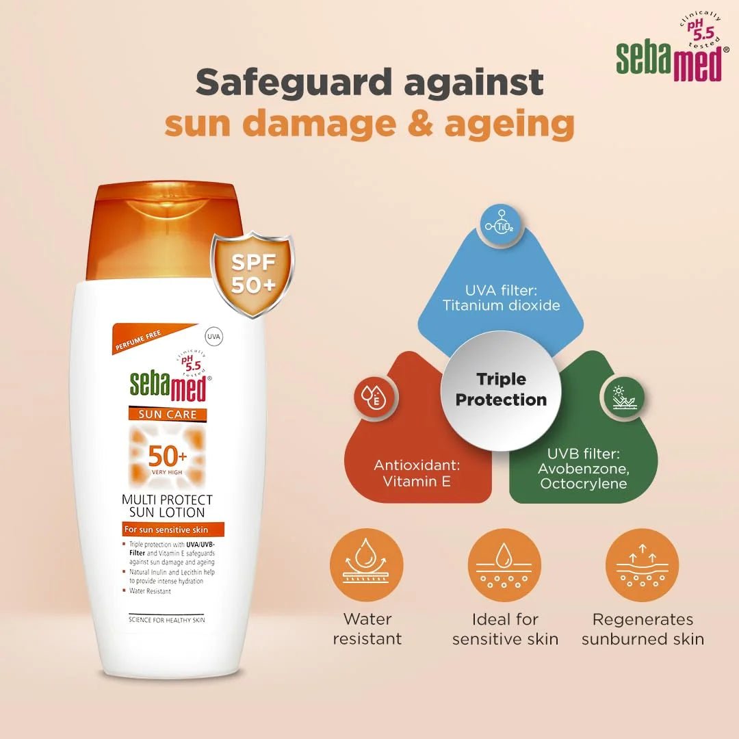 Sebamed Multi Protect Sun lotion SPF 50, 150 ml I UVA/UVB Protection filter I Water resistant sunscreen with pH 5.5 I Vitamin E I men & women I Suitable for children I Clinically tested. - Deals999