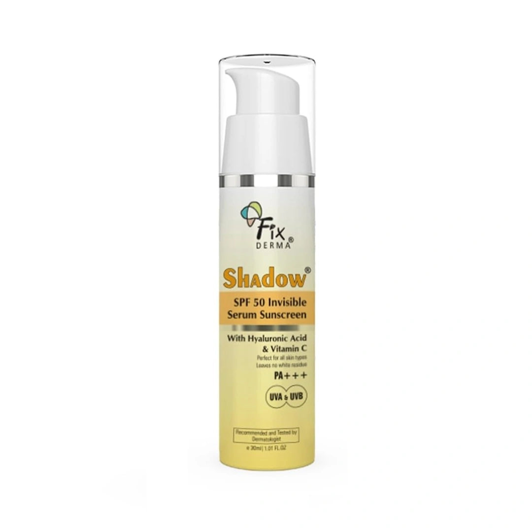FIXDERMA Shadow Invisible Serum Sunscreen SPF 50+ PA+++|Ultra Lightweight Transparent Sunscreen with Vitamin C & Hyaluronic Acid|No White Cast|For All Skin Types|For Men & Women|Airless Pump 30 ML