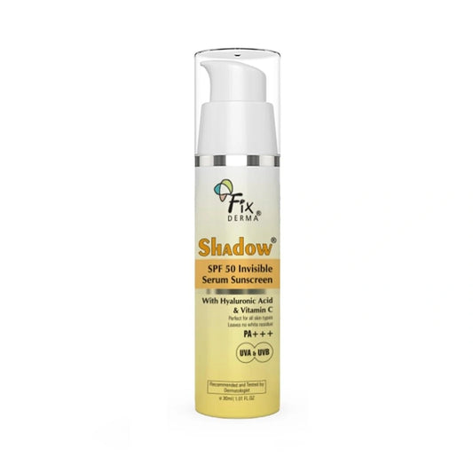 FIXDERMA Shadow Invisible Serum Sunscreen SPF 50+ PA+++|Ultra Lightweight Transparent Sunscreen with Vitamin C & Hyaluronic Acid|No White Cast|For All Skin Types|For Men & Women|Airless Pump 30 ML