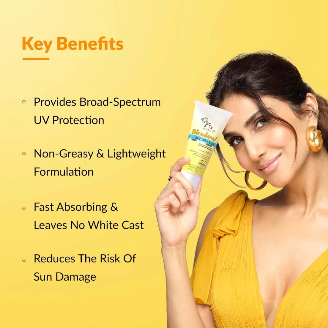 Fixderma Shadow Sunscreen SPF 30+ Pa+++ Gel For Oily Skin | Lightweight, Water Resistant, No White Cast | Broad Spectrum Sunscreen Gel For UVA & UVB Protection | Women & Men | 40gm