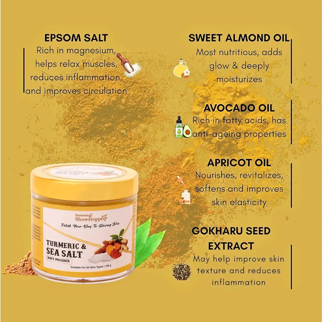 Showstopper Turmeric & Sea Salt Body Polisher for Deep Exfoliation, Tan Removal & Skin Brightening | Natural Dead Skin Removal Body Scrub for Smooth & Glowing Skin | Paraben Free | 100g for Men & Women - Deals999