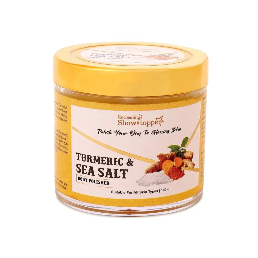Showstopper Turmeric & Sea Salt Body Polisher for Deep Exfoliation, Tan Removal & Skin Brightening | Natural Dead Skin Removal Body Scrub for Smooth & Glowing Skin | Paraben Free | 100g for Men & Women - Deals999
