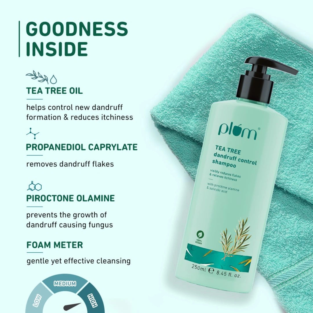Plum Tea Tree Dandruff Control Shampoo I With Tea Tree Oil, Propanediol Caprylate & Willow Bark Extracts I For All Hair Types Dandruff Control | Sulphate Free | Paraben- Free I 100% Vegan | 250 Ml