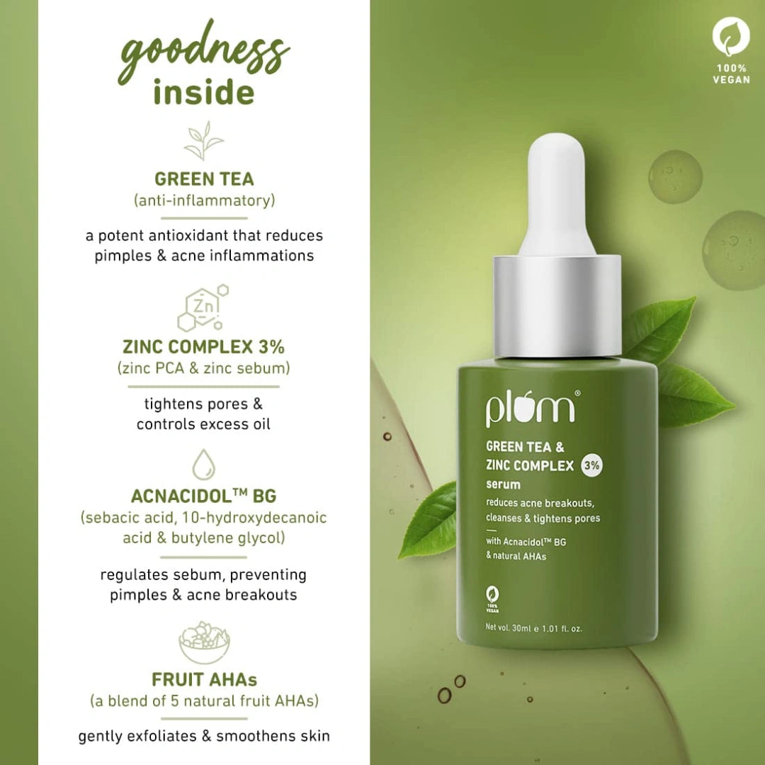 Plum Green Tea & Zinc Complex 3% Serum | With AcnacidolTM BG & natural AHAs | Fights Pimples & Tightens Pores | Controls Oil & Gently Exfoliates 30ml
