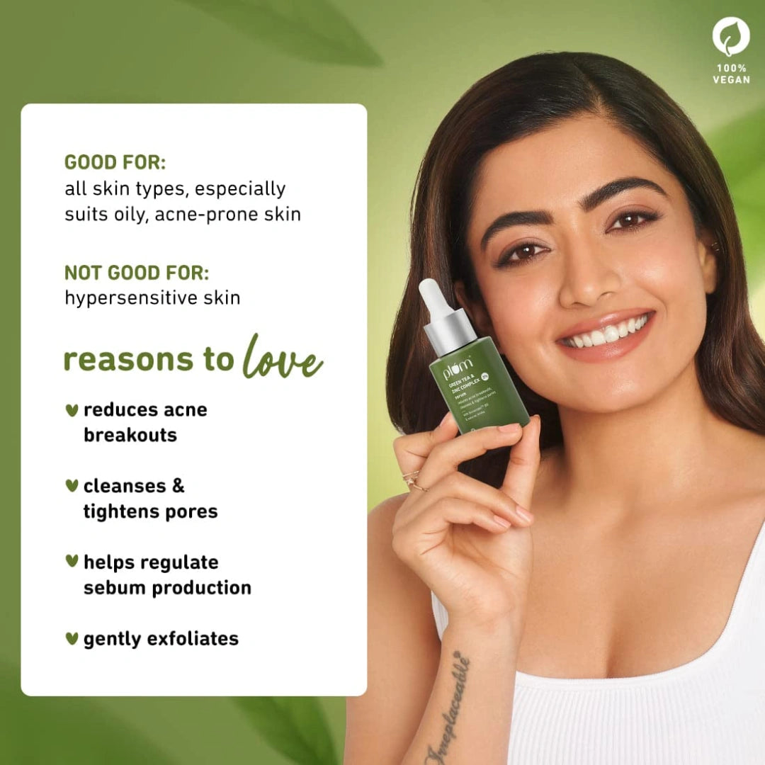 Plum Green Tea & Zinc Complex 3% Serum | With AcnacidolTM BG & natural AHAs | Fights Pimples & Tightens Pores | Controls Oil & Gently Exfoliates 30ml