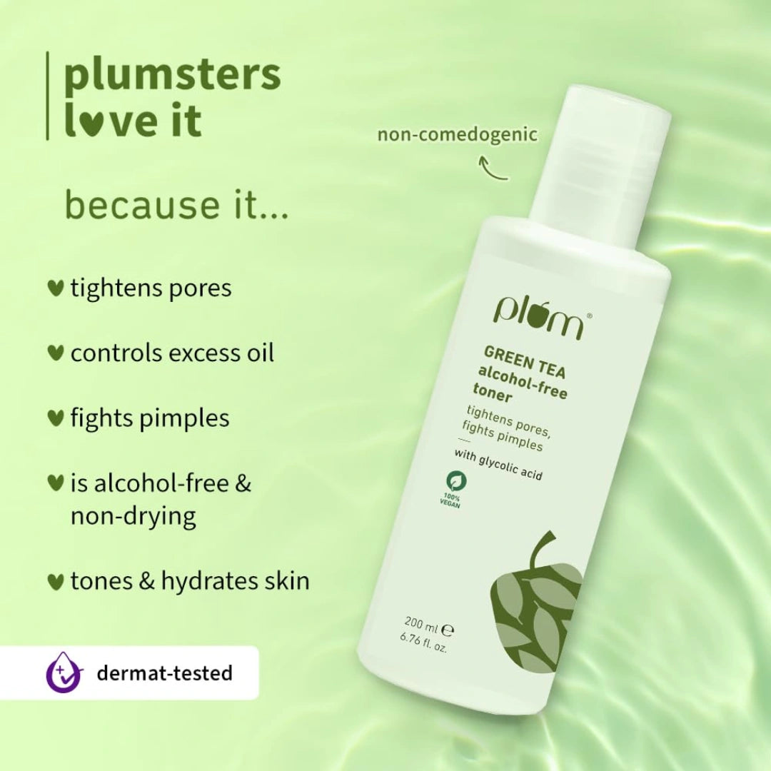 Plum Green Tea Face Toner For Oily, Acne-Prone Skin | With Glycolic Acid | Alcohol-Free | Fights Pimples | Tightens Pores | Controls Oil | Gently Exfoliates Dead Skin Cells | Women & Men | 200ml