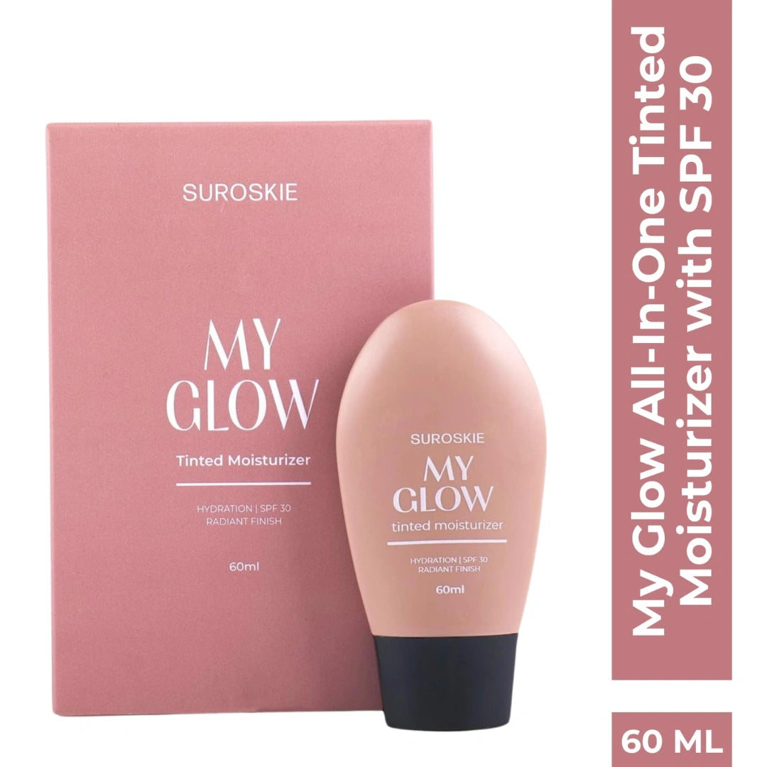 Suroskie My Glow All-In-One Tinted Sunscreen SPF 30 Moisturizer 60 ml Light Shade | Natural Glowy Finish | Intense Hydration & UVA/UVB Protection