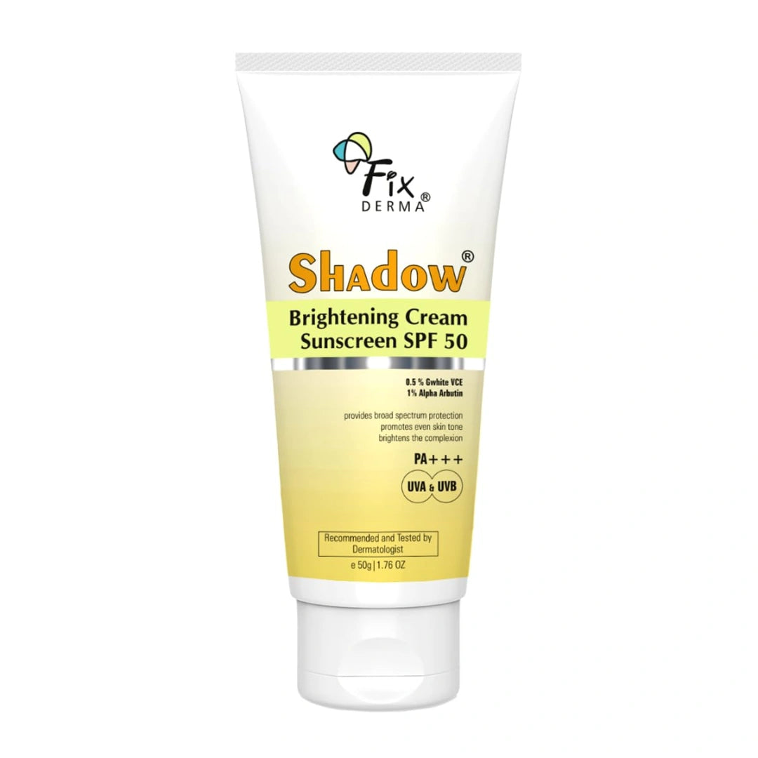 Tube of Shadow Brightening Cream Sunscreen SPF 50 by Fix Derma on a white background