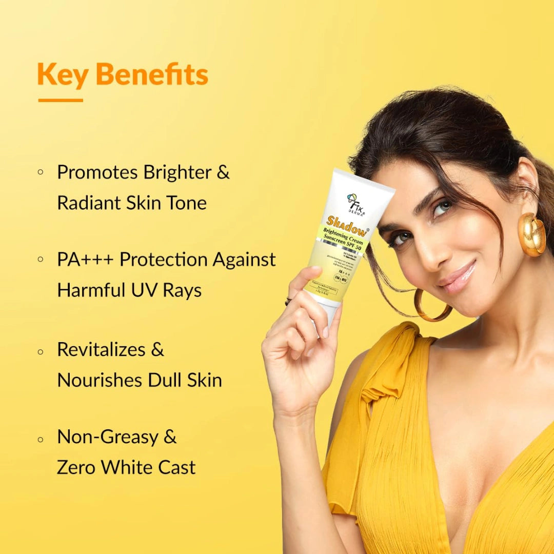 Fixderma Shadow Brightening Sunscreen SPF50 PA+++ with 1% Alpha Arbutin | UVA/UVB, Broad Spectrum Protection | Reduce Tan & Brightens the Complexion | Lightweight, No White Cast, All Skin Type - 50GM