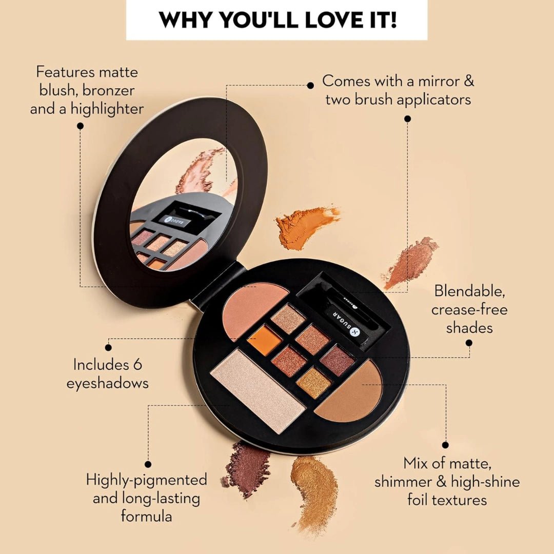 SUGAR Cosmetics Contour De Force Eyes And Face Palette | Pigmented, Long - lasting & Smudgeproof | Includes Blush, Bronzer, Highlighter and 6 Eyeshadow shades - 01 Warm Win | 20.3 gm - Deals999