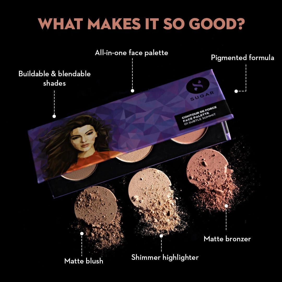 SUGAR Cosmetics Contour De Force Face Palette for Makeup | Includes Matte Bronzer, Highlighter & Blush | Makeup Palette with Built - in Mirror - 01 Subtle Summit - Deals999