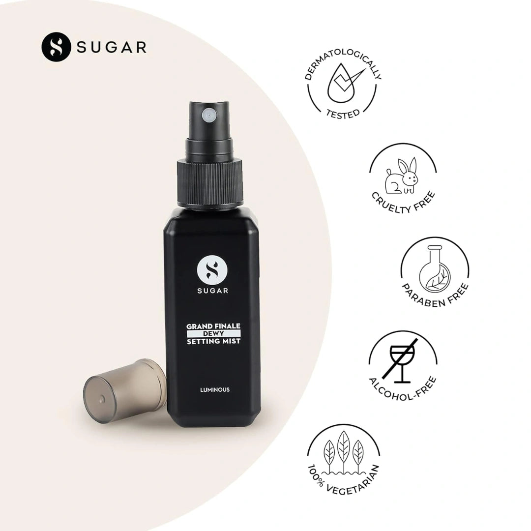 SUGAR Cosmetics Grand Finale Dewy 2 in 1 Setting Mist For Long lasting Makeup and Sun Protection | Paraben Free - 50 m