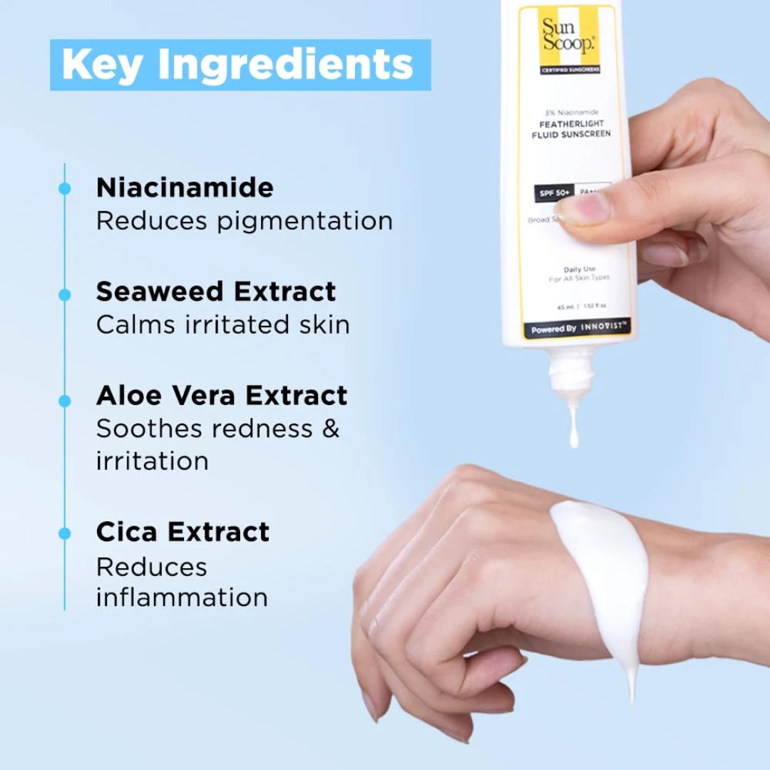 SunScoop 3% Niacinamide Fluid Sunscreen | Ultra-Light Texture | SPF 50+ PA++++| Fast Absorption, Prevents Tanning & Sunburn | Reduces pigmentation | All Skin Types | 45ml