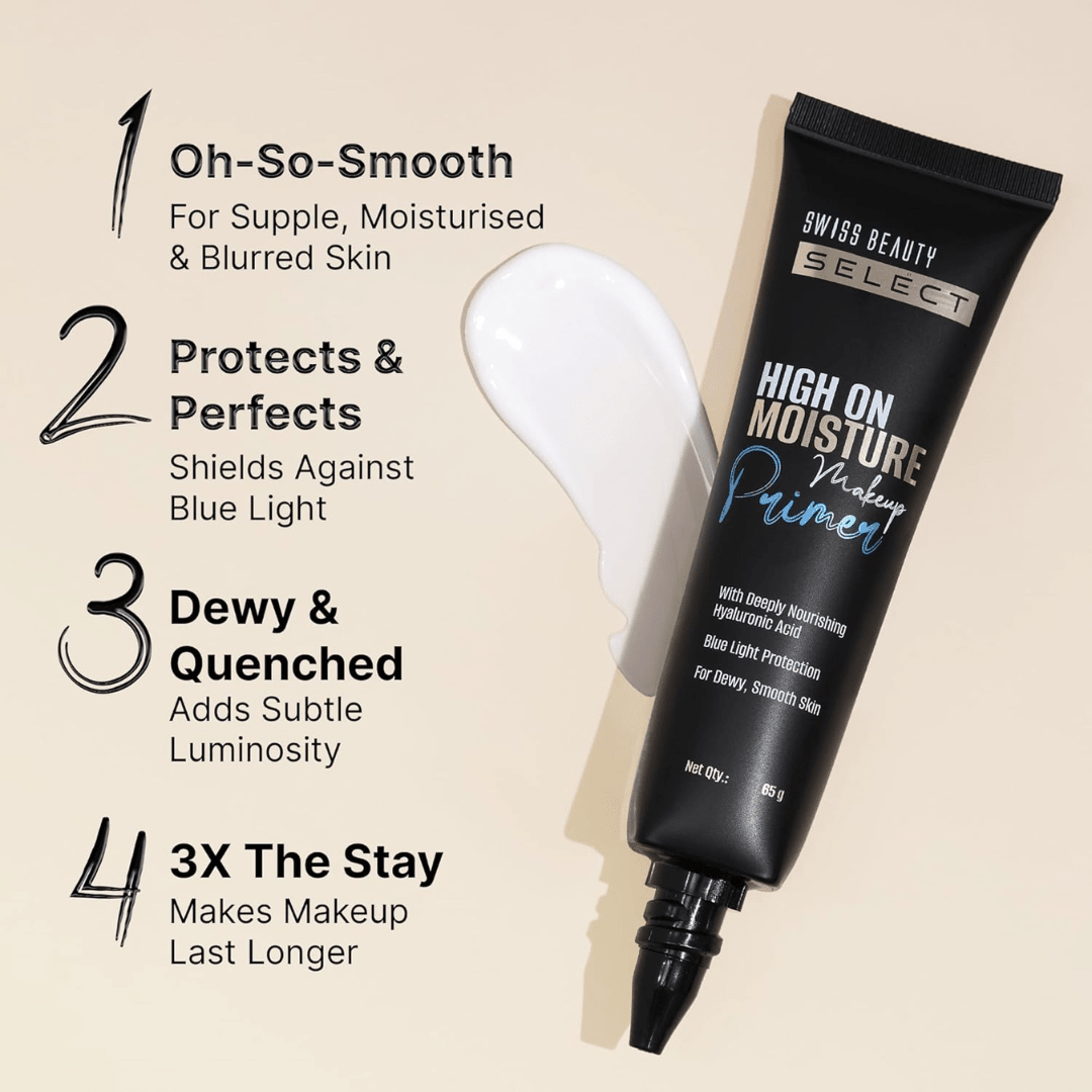 Swiss Beauty Select High On Moisture Makeup Primer | Enriched With Glycerin & Hyaluronic Acid | Protects Against Harsh Blue Light Rays | Intensely Nourishing | 65g - Deals999