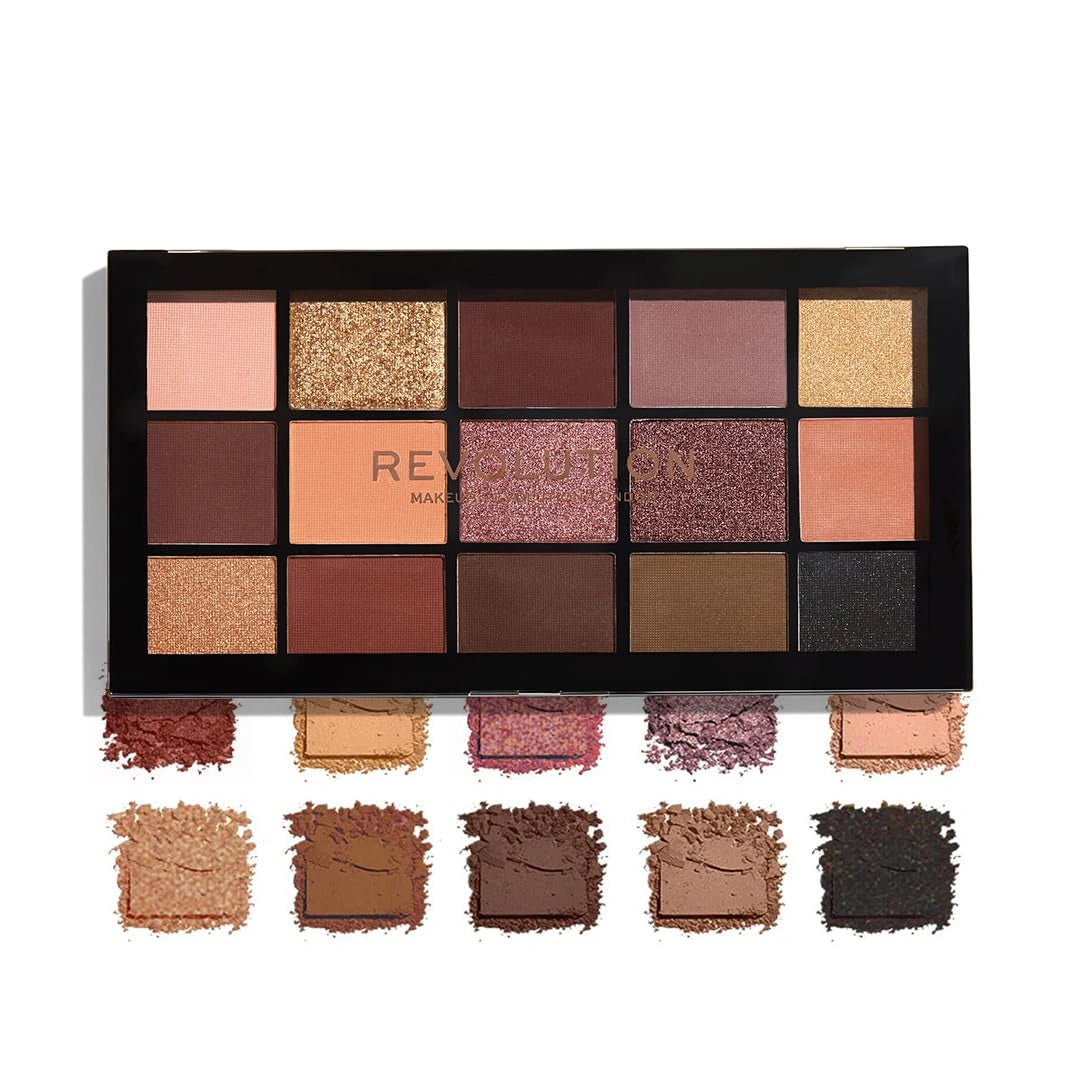Revolution Beauty London Makeup Eyeshadow Palette, Highly Pigmented Includes 15 Shades, Shimmery And Velvet Finish, Beige And Brown Shade, Reloaded Velvet Rose - 16.5G