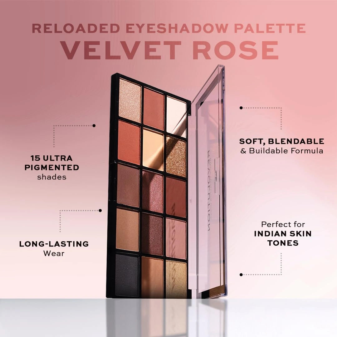 Revolution Beauty London Makeup Eyeshadow Palette, Highly Pigmented Includes 15 Shades, Shimmery And Velvet Finish, Beige And Brown Shade, Reloaded Velvet Rose - 16.5G