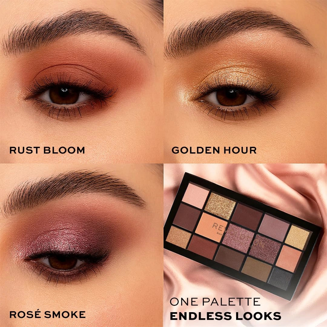 Revolution Beauty London Makeup Eyeshadow Palette, Highly Pigmented Includes 15 Shades, Shimmery And Velvet Finish, Beige And Brown Shade, Reloaded Velvet Rose - 16.5G