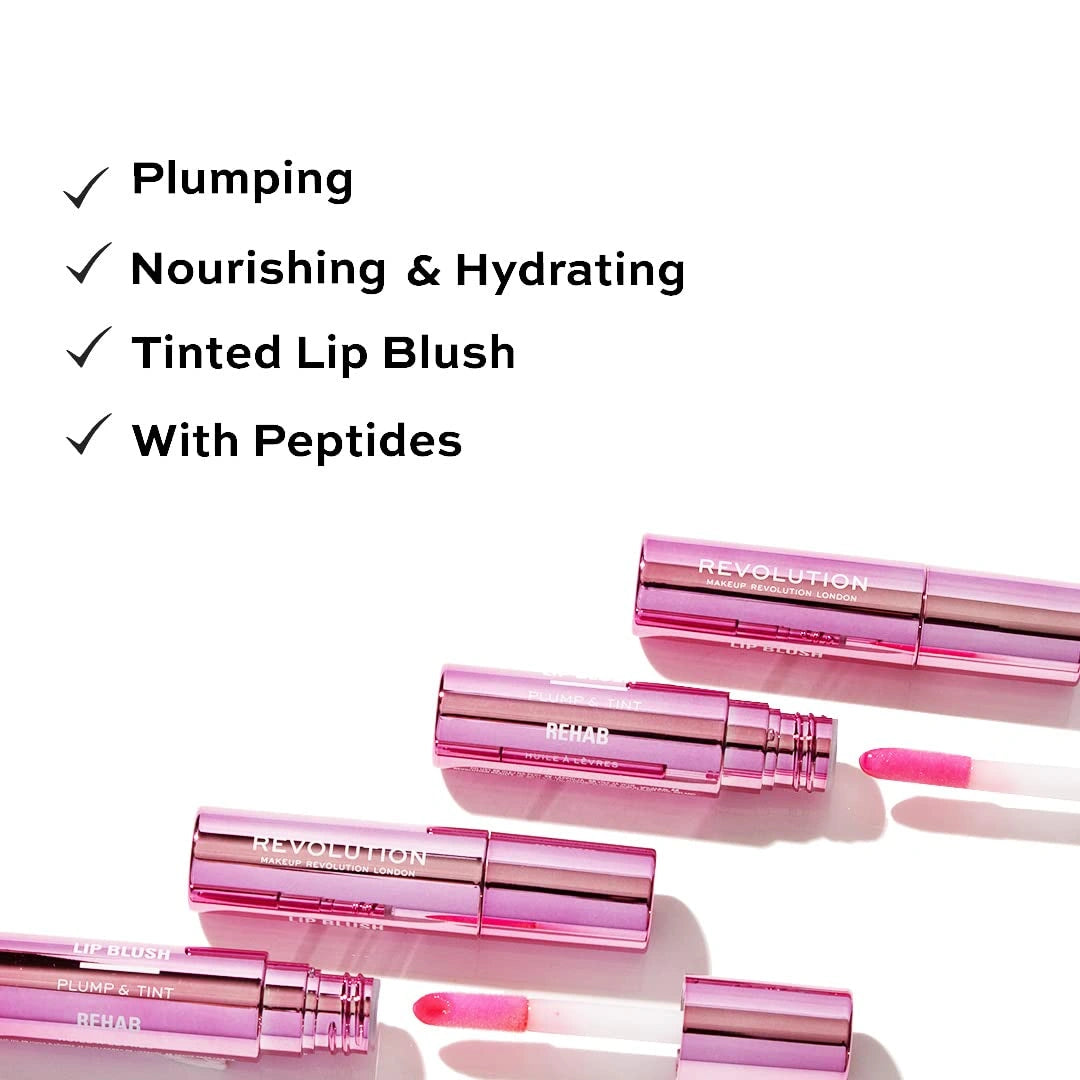 Makeup Revolution Rehab Plump & Tint Lip Blush | 2-in-1 Lip Oil & Tint | With Hyaluronic Acid for Plump, Hydrated Lips | Long-Lasting Natural Flush | Lightweight, Non-Sticky Formula | 3.27ml