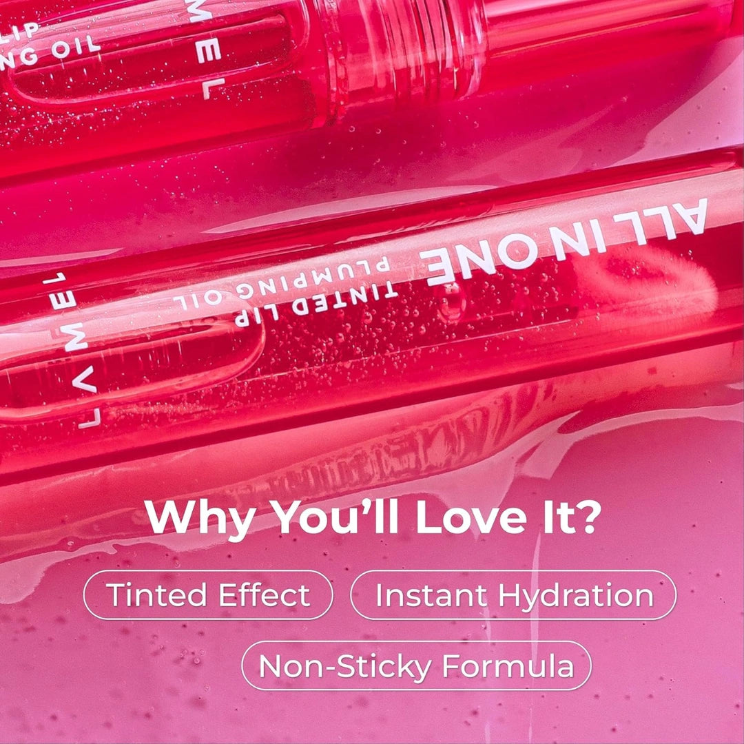 Lamel All In One Lip Tinted Plumping Oil- Pink sparkle, Lip Oil Tint for Pigmented Lips | Hydrating, Plumping & Glossy Lip Tint | Non-Sticky Lip Oil with Long-Lasting Tint | 3ml