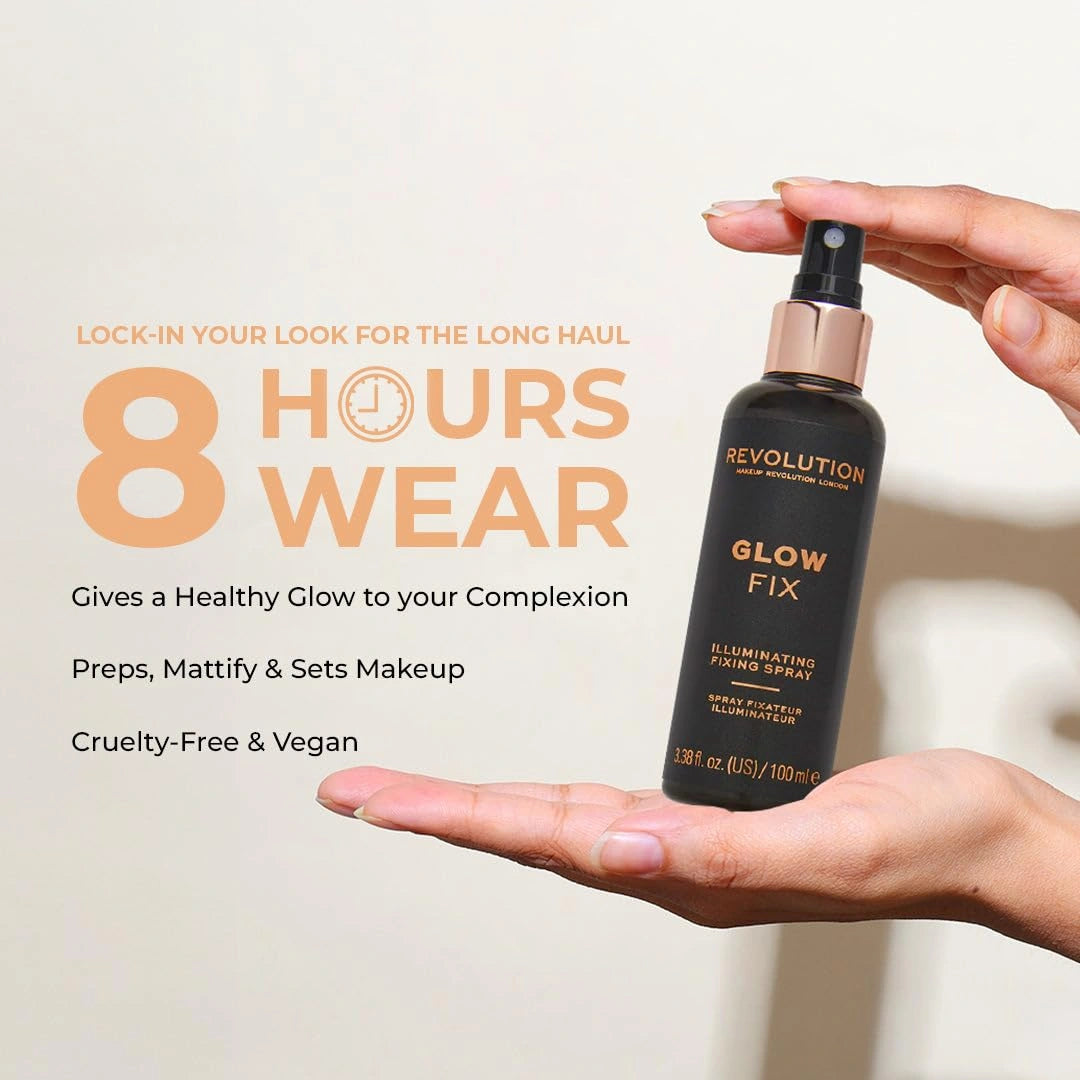 Makeup Revolution- Glow Fix Illuminating- Setting Spray (Illuminating Finish) | Add a healthy glow to your complexion | Sets makeup upto 8 hours | Hydrates & brightens your skin - 100 ml
