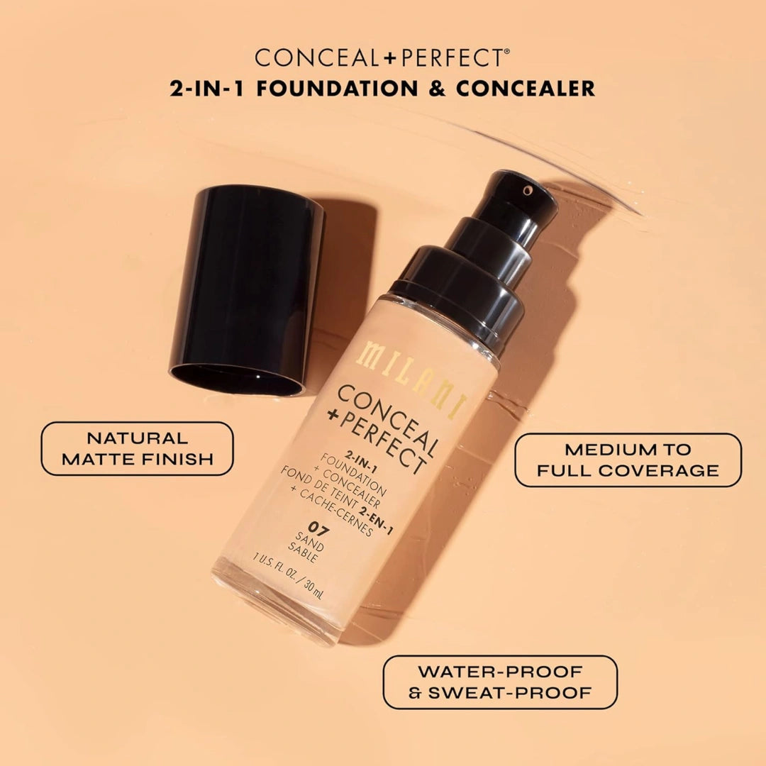 Milani Conceal + Perfect 2-in-1 Foundation + Concealer | Full Coverage Long Wear Makeup | Lightweight, Hydrating with Vitamin E | Covers Redness, Dark Circles, Crease-Proof, Paraben-Free | 01A Creamy Vanilla | 30ml.