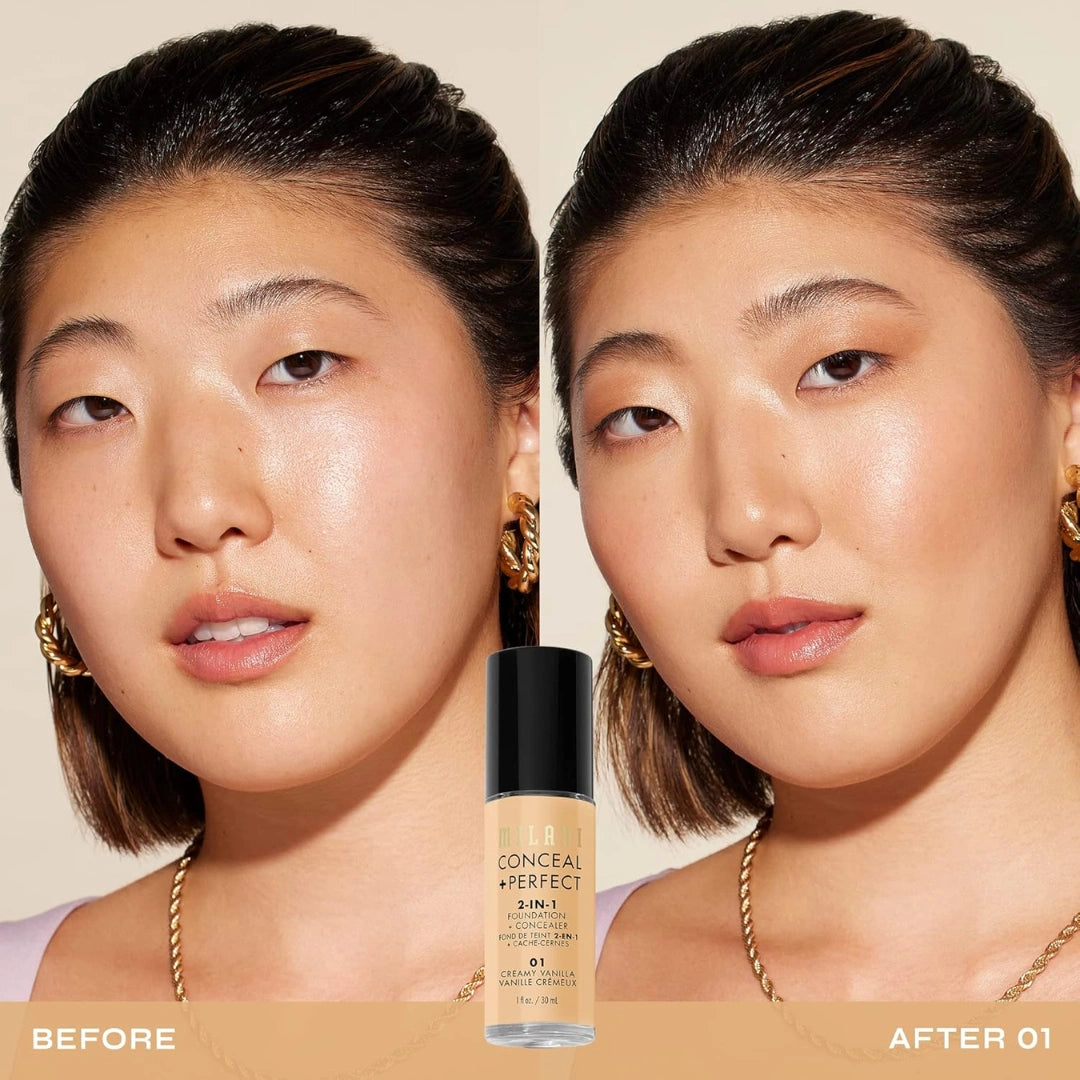 Milani Conceal + Perfect 2-in-1 Foundation + Concealer | Full Coverage Long Wear Makeup | Lightweight, Hydrating with Vitamin E | Covers Redness, Dark Circles, Crease-Proof, Paraben-Free | 01A Creamy Vanilla | 30ml.
