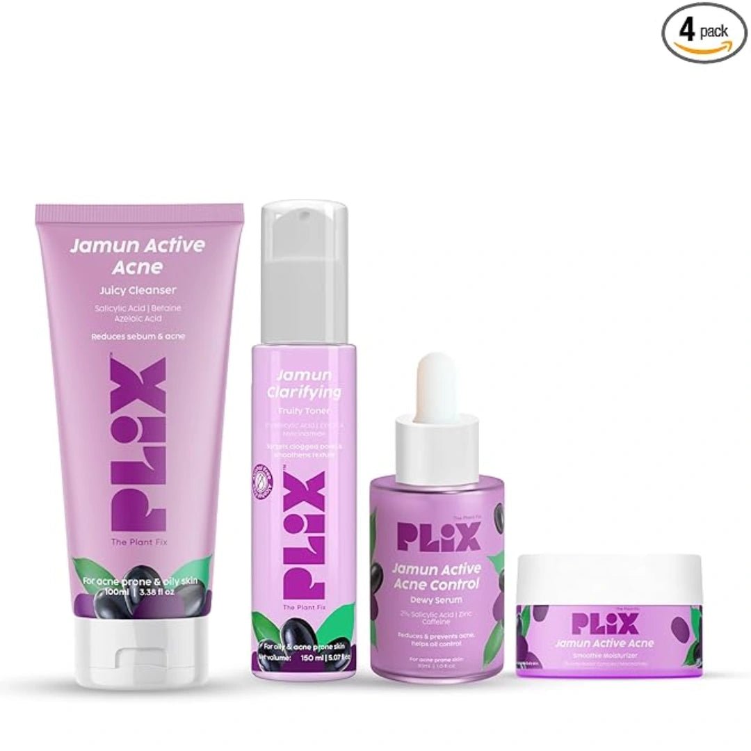 The Plant Fix Plix Jamun Active Acne Range With Cleanser, 2% Salicylic Acid Serum, Smoothie Moisturizer, & Toner l Reduces Active Acne l Detoxifies The Skin ( pack of 4 ) - Deals999