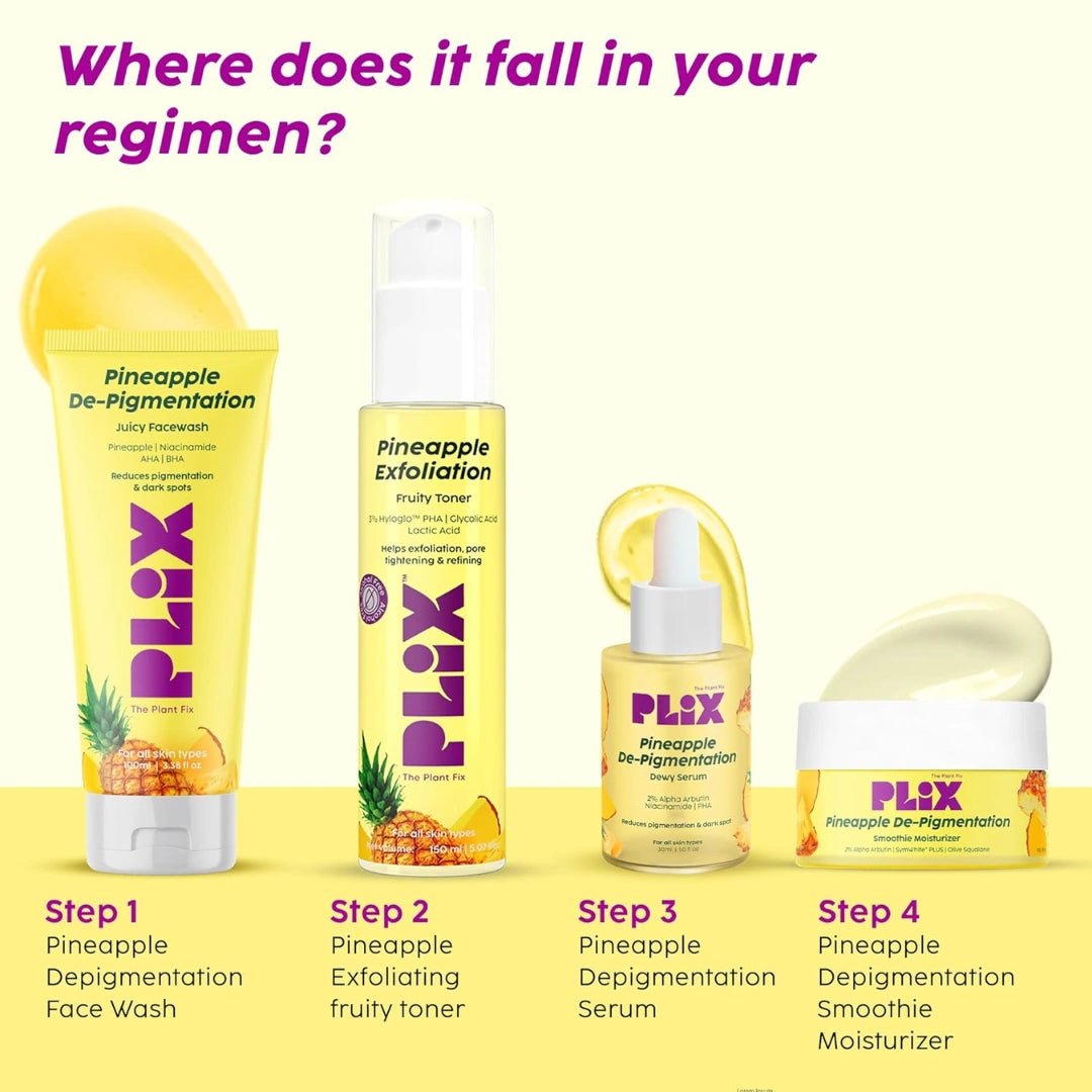 The Plant Fix Plix | Pineapple De - Pigmentation Regime with Pineapple Exfoliation Fruity Toner, Pineapple Juicy Cleanser, Pineapple Depigmentation Dewy Serum, & Smoothie Moisturizer ( pack - 4) - Deals999
