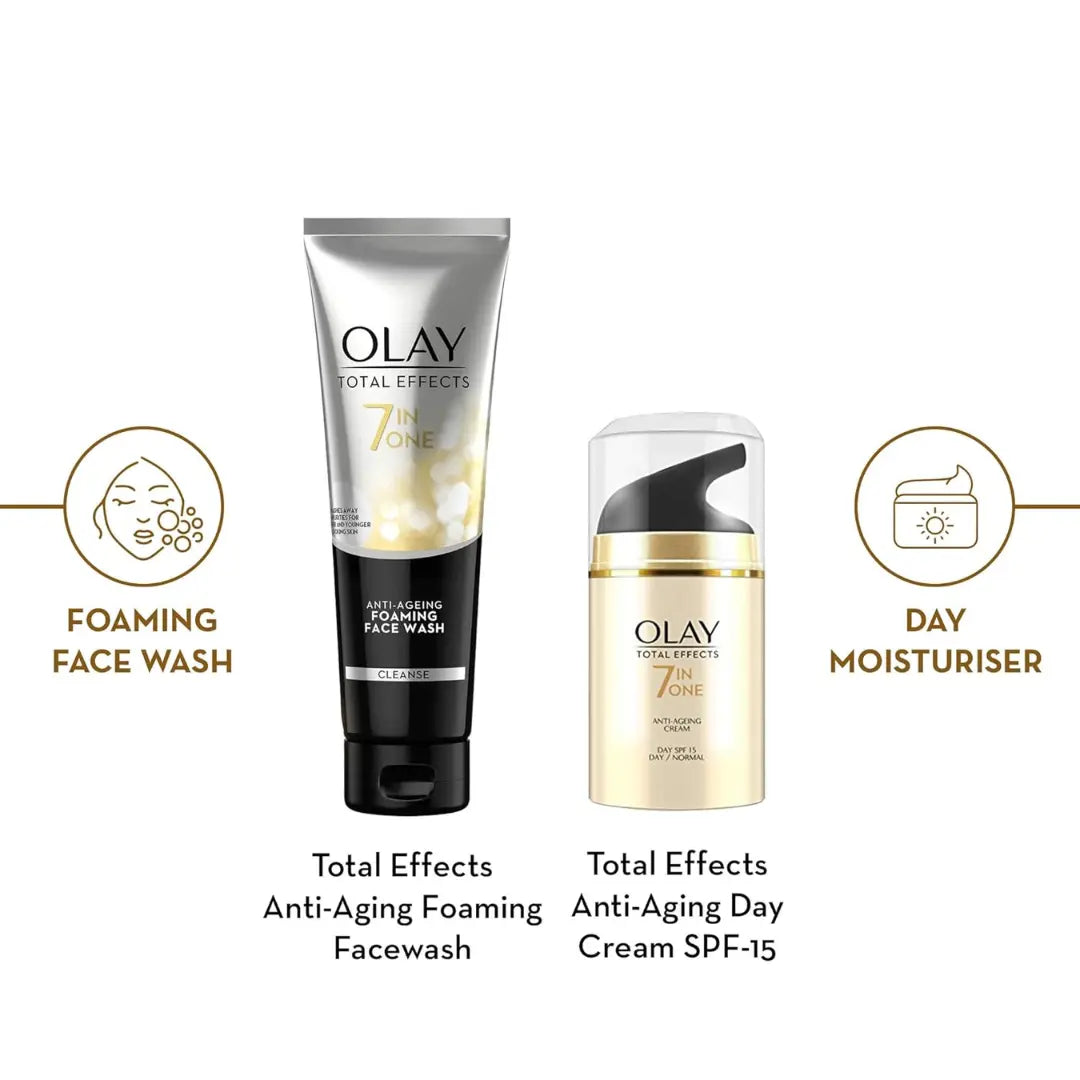 OLAY Total Effects 7 in 1, Exfoliating Cleanser 100g + Anti Ageing Moisturiser (SPF 15) 50g  (2 Items in the set)