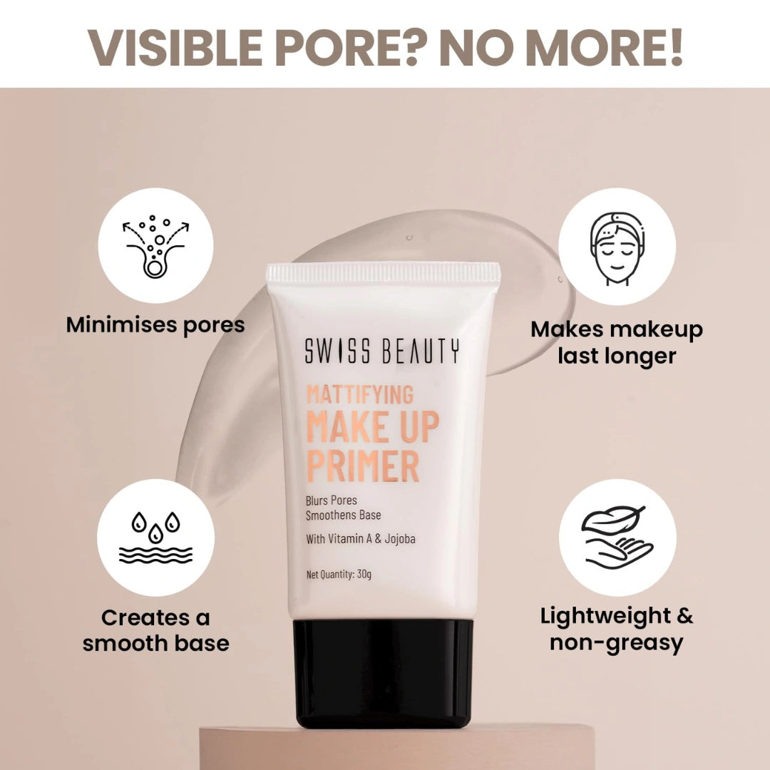 Swiss Beauty Mattifying Makeup Primer | Oil-Free Shine | Minimises Pores | Long-Lasting Base | All skin Types, 30gm