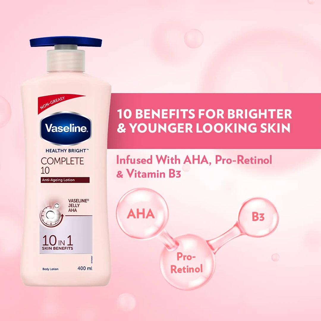 Vaseline Healthy Bright Complete 10 Body Lotion, Anti- Ageing Lotion With Vitamin B3, Aha, Pro-Retinol, 400 ml