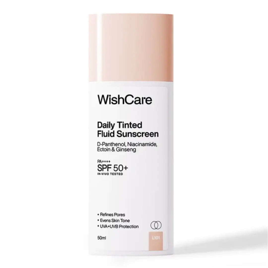 WishCare Daily Fluid Tinted Sunscreen SPF50 PA++++|| Broad Spectrum Protection for all skin types | In-Vivo Tested Tinted Sun Screen | D-Panthenol, Niacinamide, Ectoin & Ginseng | Evens & Protects | 50ml