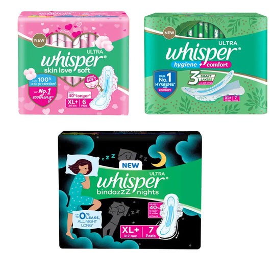 whisper hygiene comfort , bindazz nights, skin love soft sanitay pads (Each 7, XL)